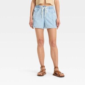 High-Rise Drawstring Denim Beach Shorts - Light Blue M